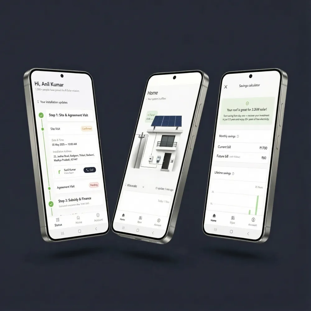 R-Solar Connect mobile app showing installation tracking, home monitoring and savings calculator screens
